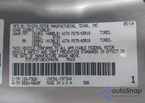 2014 Toyota Tundra Sr5 5.7L V8 z USA, uszkodzony, nr VIN 5TFUY5F10EX394296